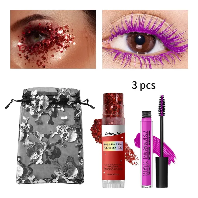 Halloween Eye Makeup Kit Purple Mascara Body Face Hair Glitter Stick with Drawstring Pouch Cosmetic Set Party Costume Festival — image 3