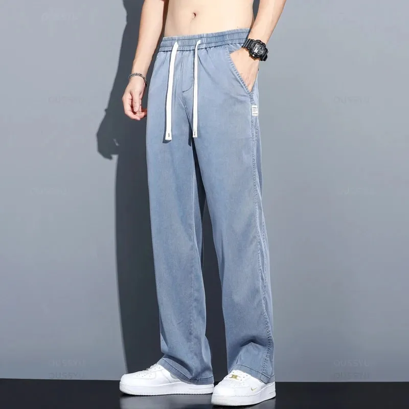 Summer Thin Soft Lyocell Fabric Jeans Men Loose Straight Wide Leg Pants Drawstring Elastic Waist Casual Trousers Plus Size M-5XL — image 11
