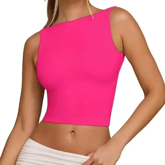 Sexy Open Back Sleeveless Crop Tank High Neck Slim Fit Cropped Tee Shirt Y2k Tops Women Casual Fit Boat Neck Comfy Solid Shirt — image 13