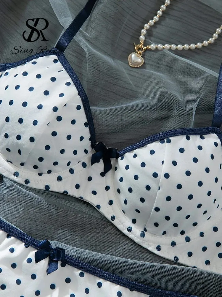 Francouzský puntíkovaný potisk Soupravy spodního prádla Dámské Pásky Kostice Podprsenka+Sladké kalhotky Hotsweet Vintage Spodní prádlo 2ks obleky — image 3
