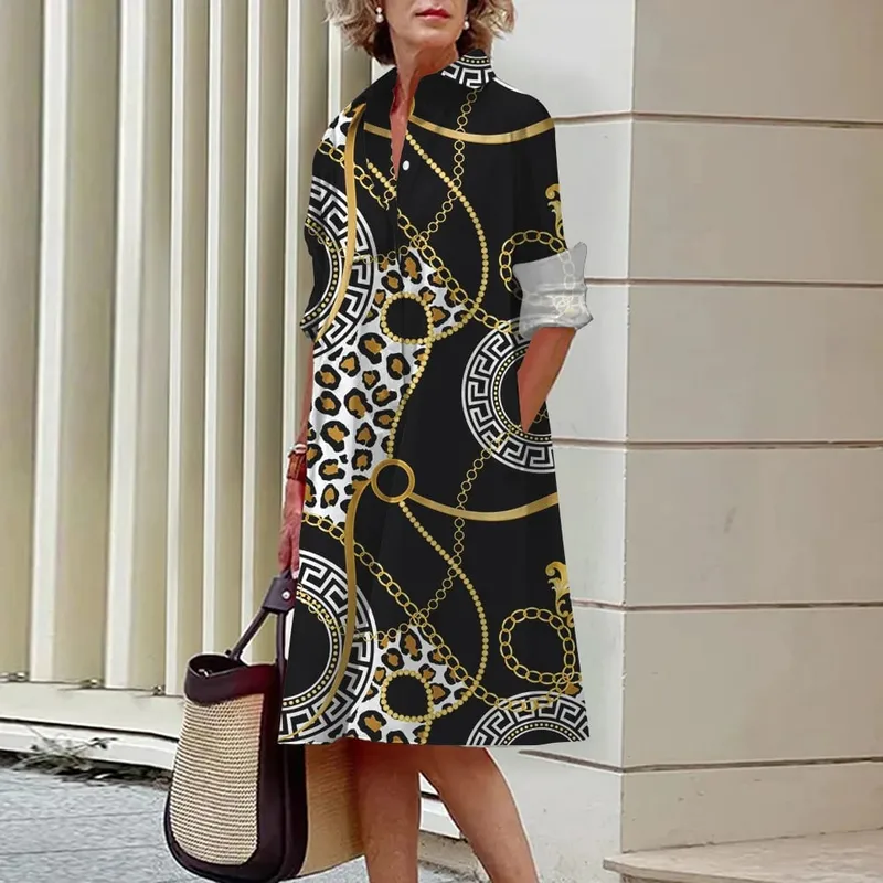 2024 Elegant Ladies Long Sleeve Shirt Dress Lapel Button Exquisite Printing Mid-Length Dress Casual Loose Commuter Shirt Dresses