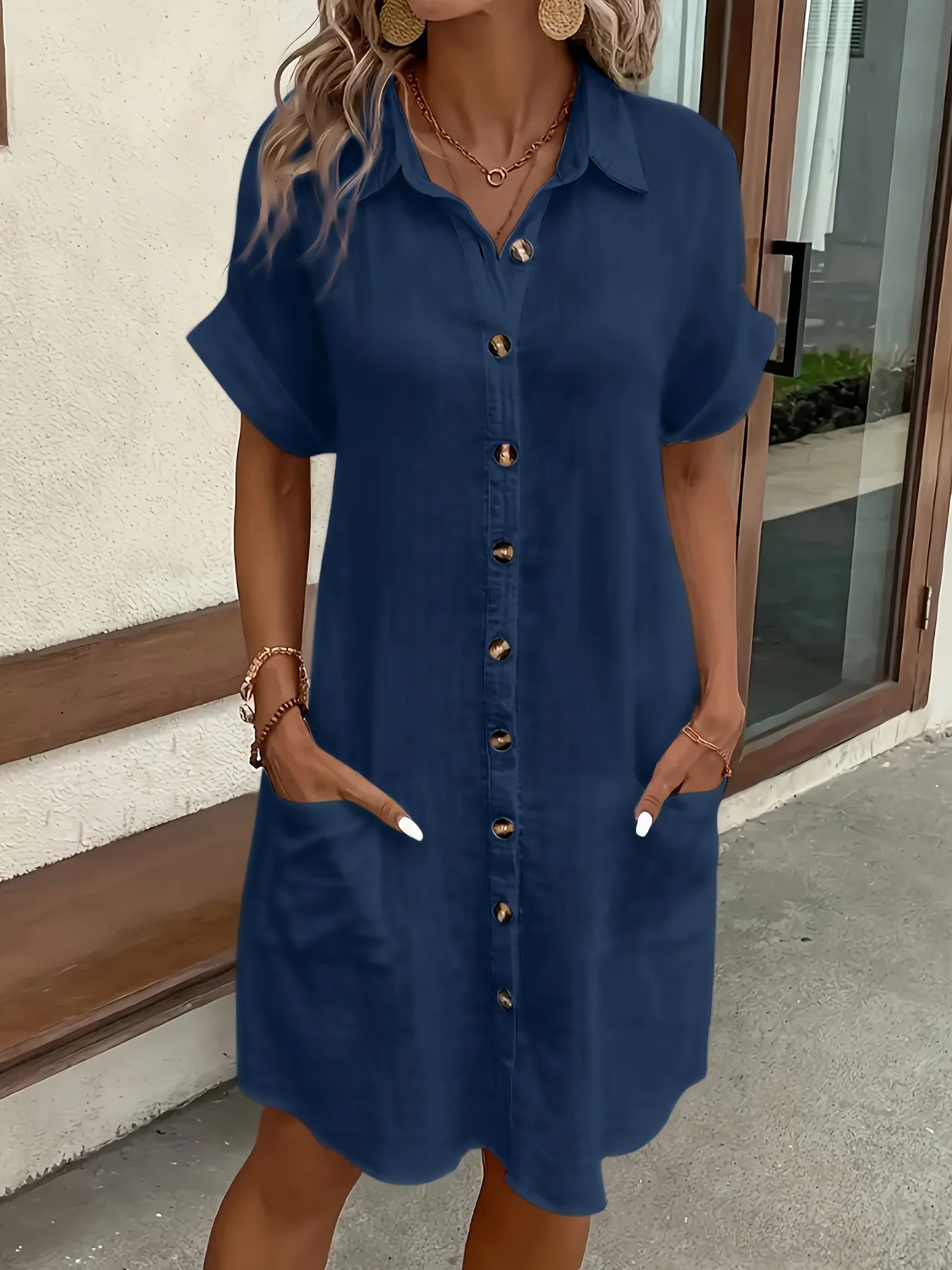 2026 European and American Cross Border Leisure Solid Color Cotton Hemp Buckle Long Short Sleeve Loose Shirt Dress Women's Wear — image 5