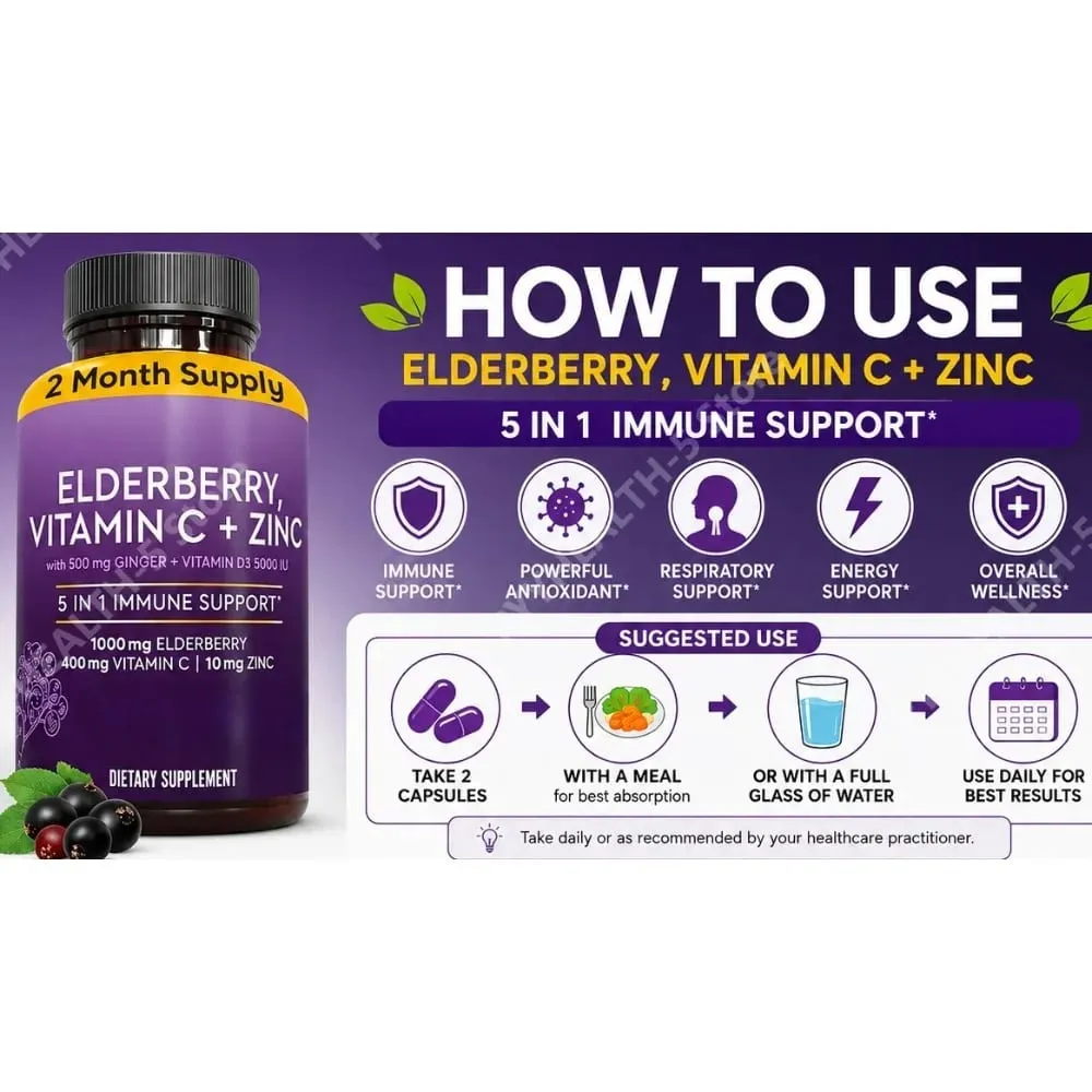Cápsulas de sabugueiro com vitamina C, zinco D3, gengibre, sambucus, mistura de ervas de sabugueiro preto, suporte diário de bem-estar para adultos