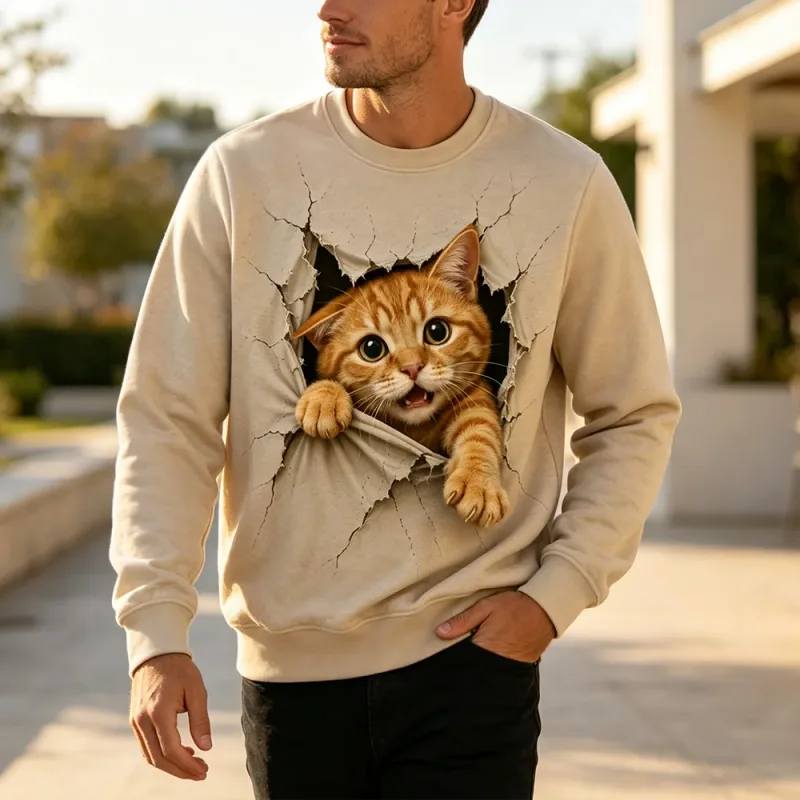 Funny 3D Visual Cat Print Sweatshirt Cute Animal Breaking Through Wall Graphic Pullover Tops Men Casual Long Sleeve Streetwear — image 8