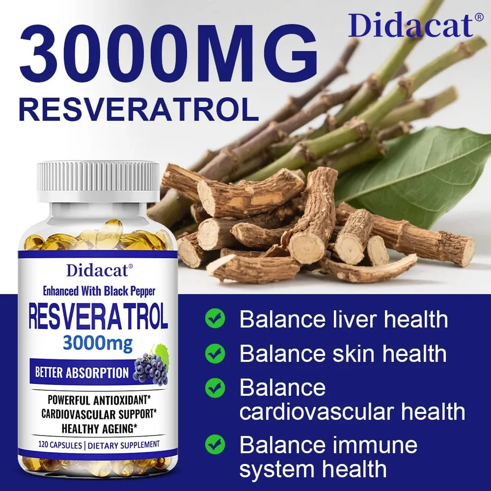 Resveratrol 3000 Mg Antioxidant Supports Brain Immune Joint and Cardiovascular Health Improves Skin Gluten Free Non-GMO — image 5