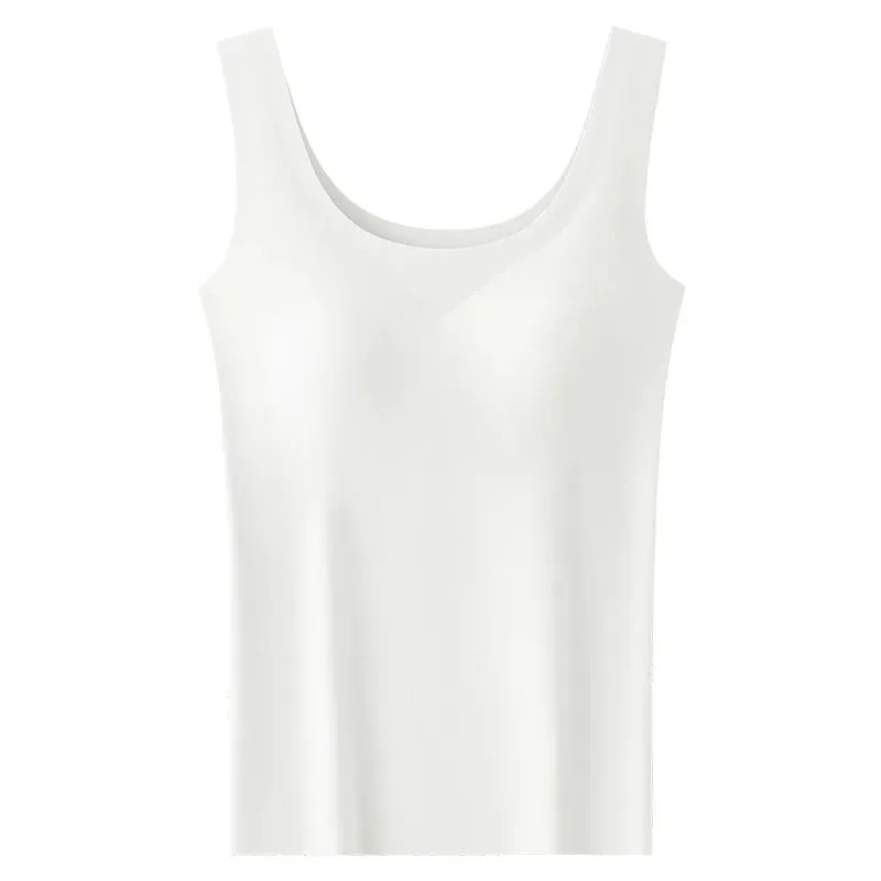 M-2XL Ice Silk Seamless One-piece Bottoming Tank Tops with Chest Pads Women Inner Outerwear Wide Shoulder Sleeveless Tops