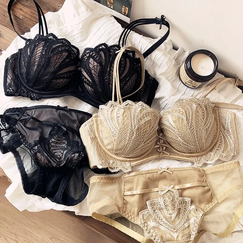 Sexy Embroidery Lace Shell Half Cup Small Breasts Push Up Bra Set Thicken Adjustable Pad Brassiere Panties Girls Underwear — image 3