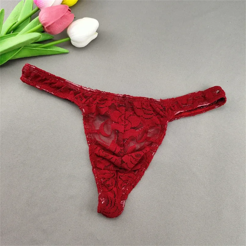 Lace Floral Sexy Men's Underwear Solid Hollow Perspective Thong Comfort Bugle Enhance Sissy G-String Gay Low Rise T-back Panties — image 13