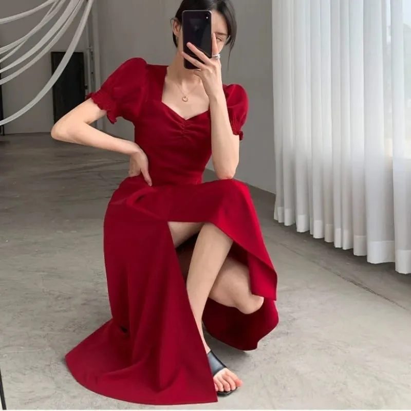 Katı Puf Kısa Kollu Zarif Yarık Elbise Yeni Moda Kadın V Yaka Tam Elbiseler Bayanlar Yüksek Bel Ince Akşam Parti vestidos — image 5
