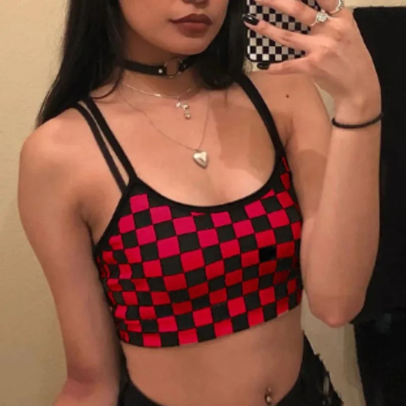 Black Red Plaid Checkerboard Tank Top Halter Women Bare Midriff Crop Tops Camis Fashion Tube Top Female Sleeveless Cropped Vest — image 1
