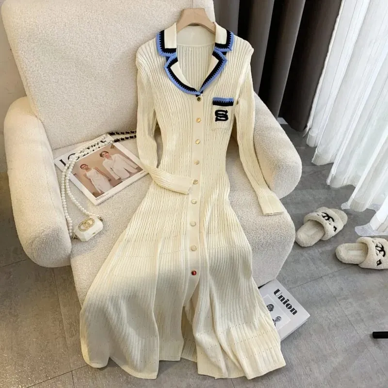 YuooMuoo Elegant Embroidery Letter Knitted Maxi Dress Autumn Winter Brand Fashion Lady Notched Black Sweater Dress Office Robes — image 3
