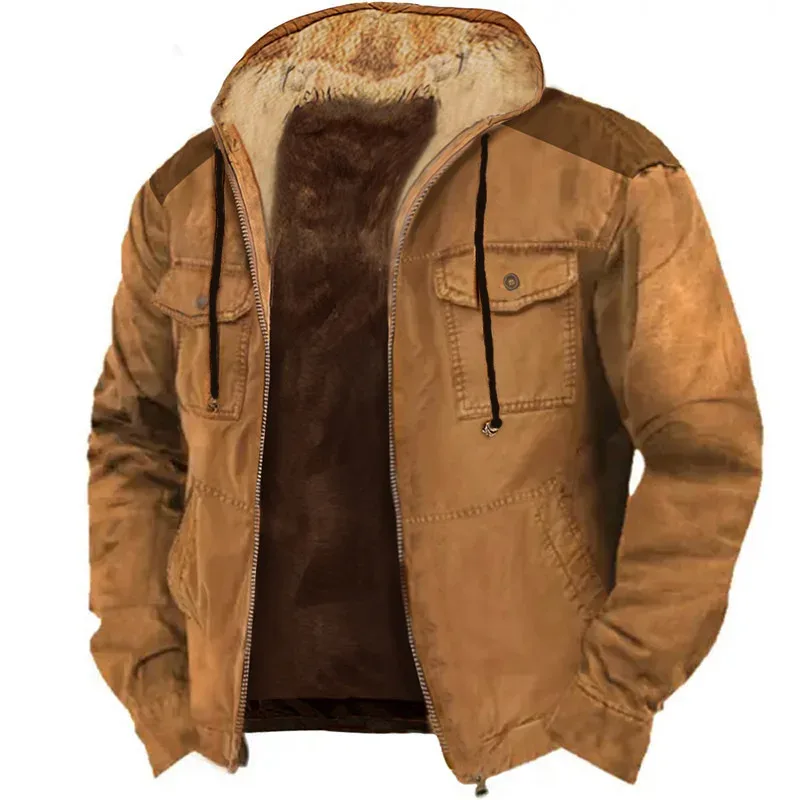 Men's Winter Fleece Hoodies Solid Patchwork Fashion Hooded Windbreaker Jacket Male Loose Work Wear Clothes Sweatshirt Outwear — image 11