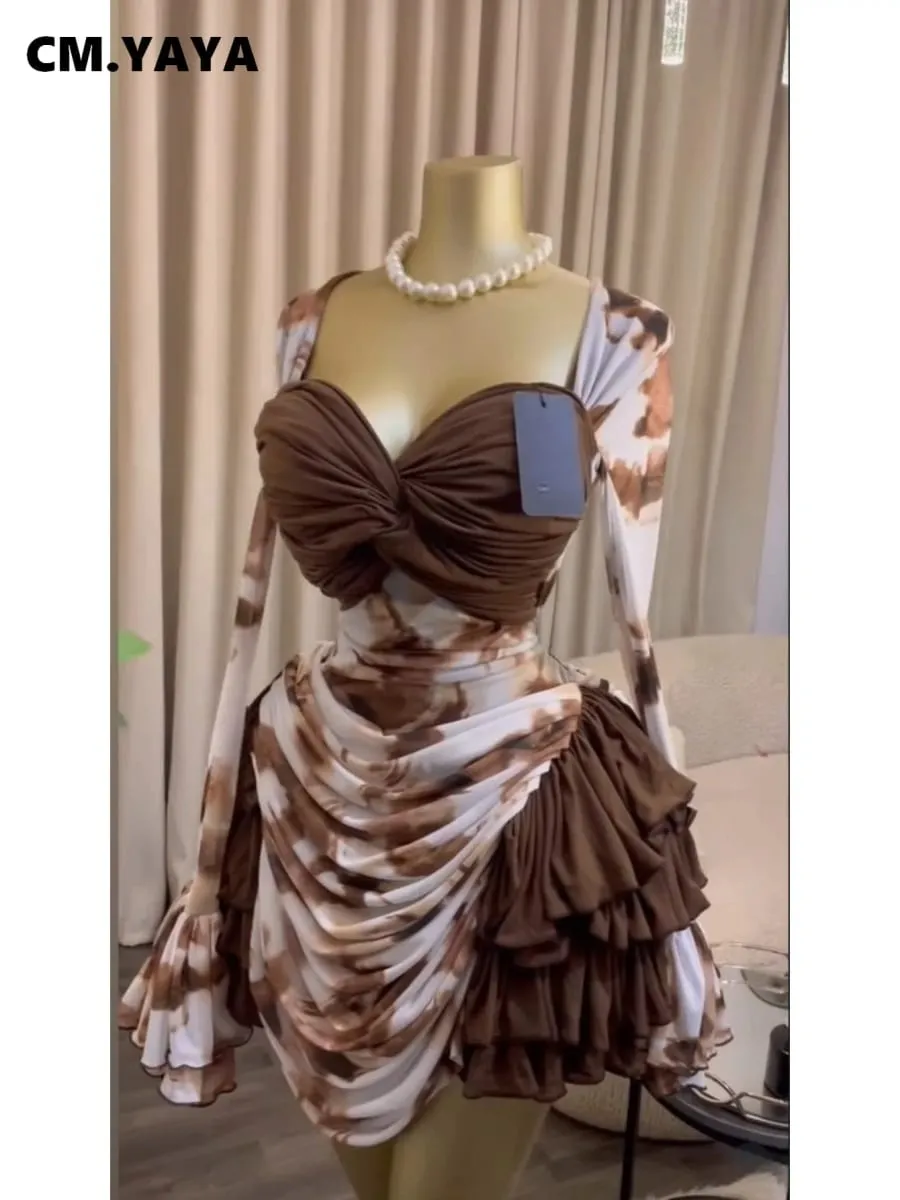 CM.YAYA Damen-Kleid mit Batikdruck, kaskadierende Rüschen, Glocke, lange Ärmel, figurbetont, gerafft, drapiert, V-Ausschnitt, Urlaub, Strand, Urlaubskleider — image 3
