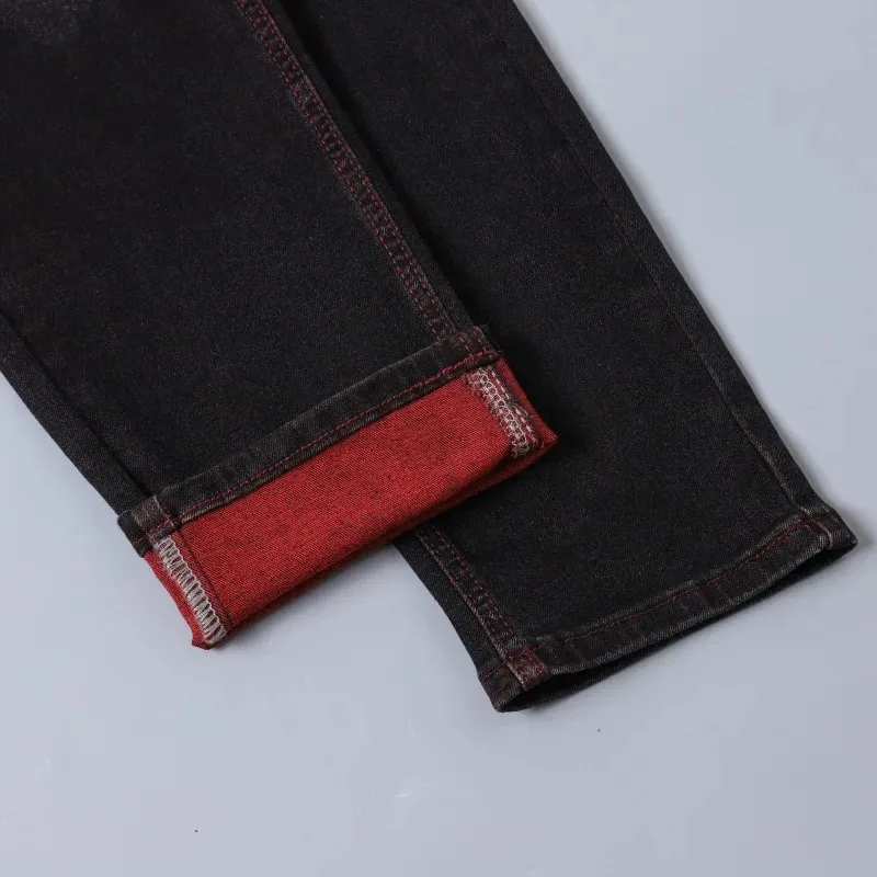 Jeans Stretch Hitam Pria untuk Celana Denim Musim Semi dan Musim Gugur dengan Detail Ripped Merah Ukuran Asia 28–42. — image 5