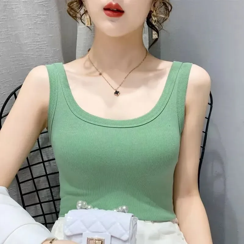 2023 Summer Women Basic Ribbed Knitted Tank Top Solid Color Sleeveless T-shirts Casual Camis Green Blue Elastic Female Tops — image 18