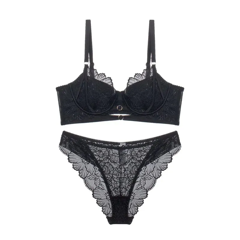Balconette Lingerie Set French Lace - Underwire Lift Support for Petite Delicate Sheer Bralette Tushy Comfort Sexy Lace Trim