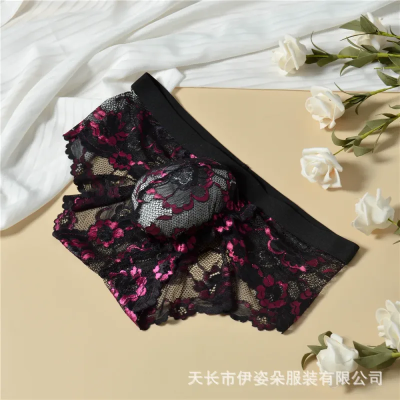Renda sexy roupa interior suave dos homens bolsa calcinha perspectiva fina floral homem briefs tentação malha baixa ascensão respirável cuecas