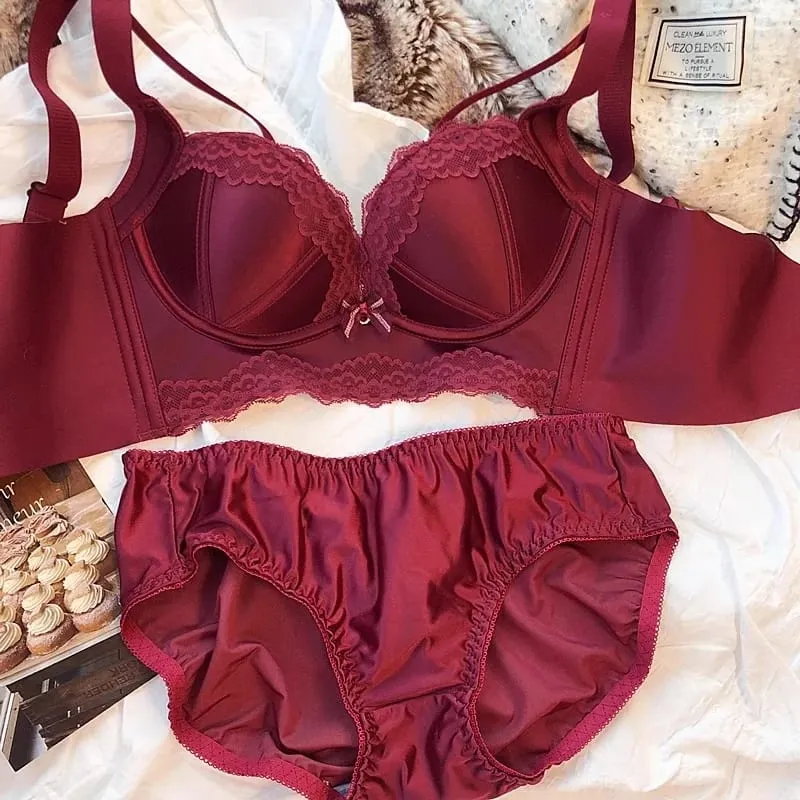 Trådfri Bomuld Tyk Push Up BH Trusser Blonde Kvinder Undertøj Sæt Retro Rød Stil Sømløs Dame Lingeri Kvinde Intimates