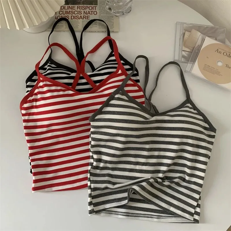 Korea Style Colorblock Striped Camisole Female Summer Cross Strap Built In Bra Omighty Camis Women Skinny Tank Top Dropshipping — image 10