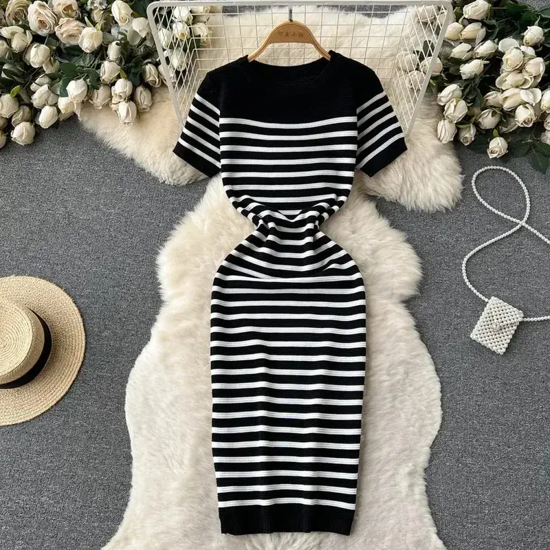 Summer Striped Beach Knitted Dress O Neck Short Sleeves Chic Hotsweet Slim Sundress Streetwear Y2K Bodycon Midi Dress — image 3