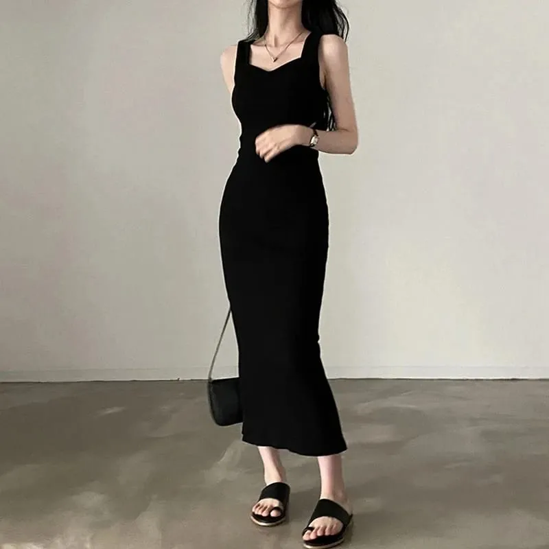 Myufon Basic Knit Long Dress Korean Fashion Square Collar Sleeveless Women's Dresses Summer Casual Y2k Vintage All-match Outftis — image 1