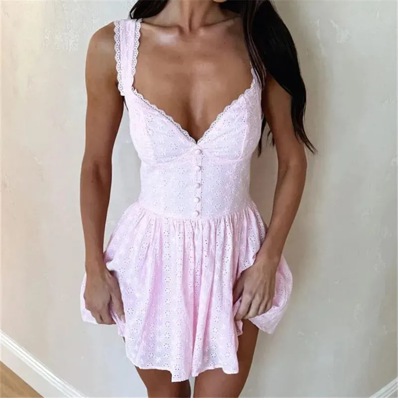 hirigin Women's Summer Mini Dress Stylish Solid Lace Trim Flower Embroidered Hollow Details Sleeveless V Neck A Line Dress — image 3