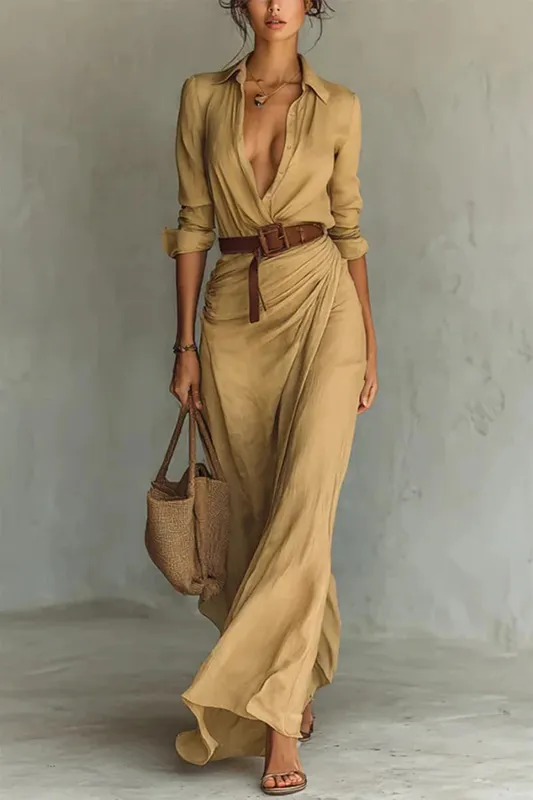 Damesmode effen vakantie feestjurk elegante revers knoop gedrapeerde lange jurk casual lange mouw match met riem shirtjurk