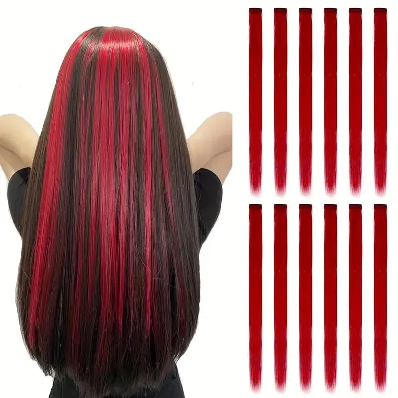 12 Pcs Colored Hair Extensions: Straight Hairpiece Multi-Color Party Highlights Clip-in Synthetic Hair Extensions for Women — image 10