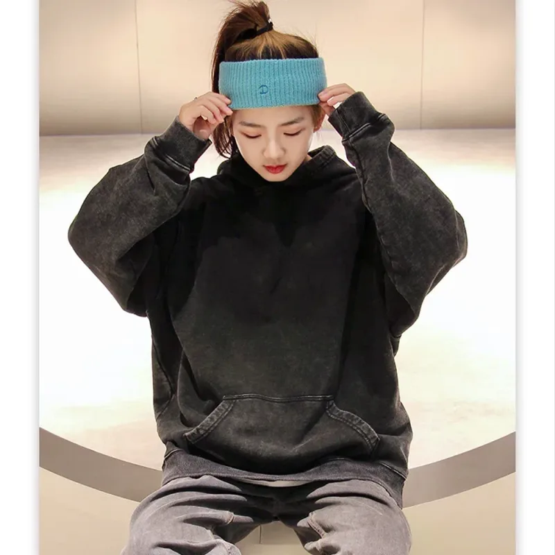 HAI Customizable Retro Washed Hoodies 100% Cotton Tops Black Acid Vintage Hooded Sweatshirts Oversize Hip Hop Male Pullover — image 3