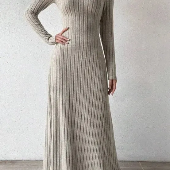 Fashionable Knitted Long Sleeve A-Line Dress Slim Fit Solid Color Street Style Women's Dress Comfortable Casual Elegant Commute — image 2