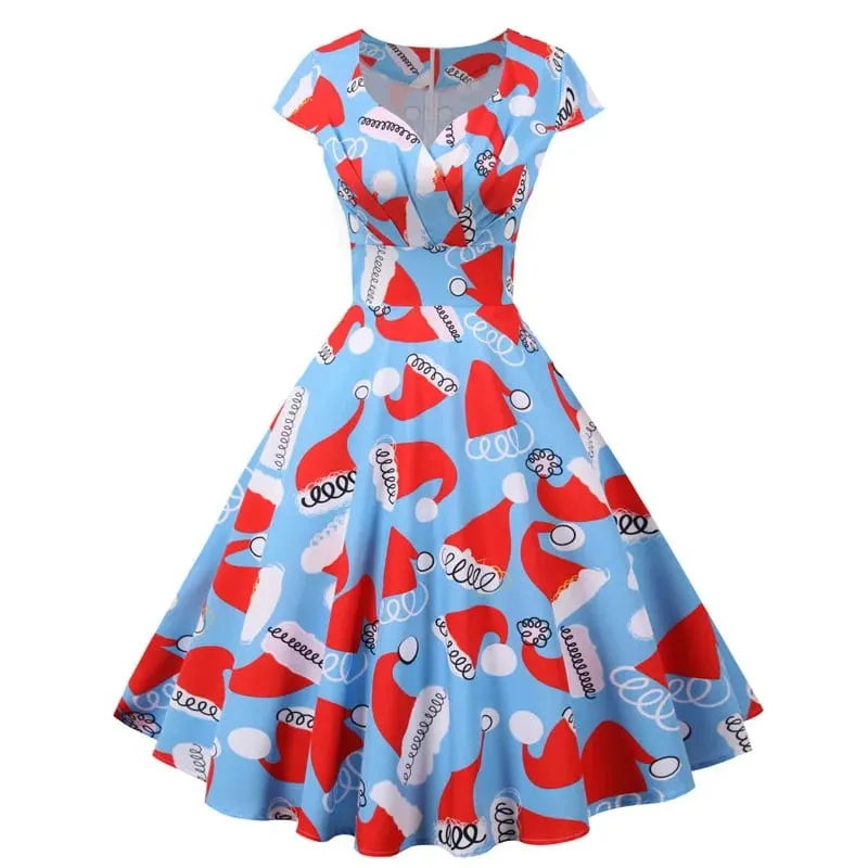 Mode V-ausschnitt Kurzarm Gedruckt Weihnachten Kleid Große Schaukel Vintage Elegante Weihnachten Party Kleid — image 3