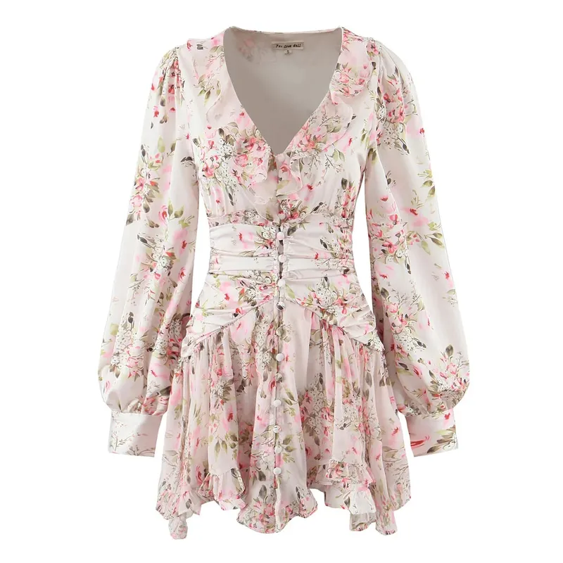 Boho Floral Print Ruffle Mini Dress Women Front Button Long Sleeve V Neck Spring Dresses 2025 Holiday Robe Short Vestidos — image 8