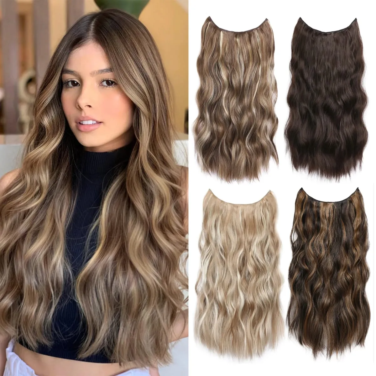Invisible Wire Hair Extension Wavy Curly Synthetic Hairpiece Long 20Inch Fish Line Hair With 2 Clip-In One Piece For White Woman — image 2