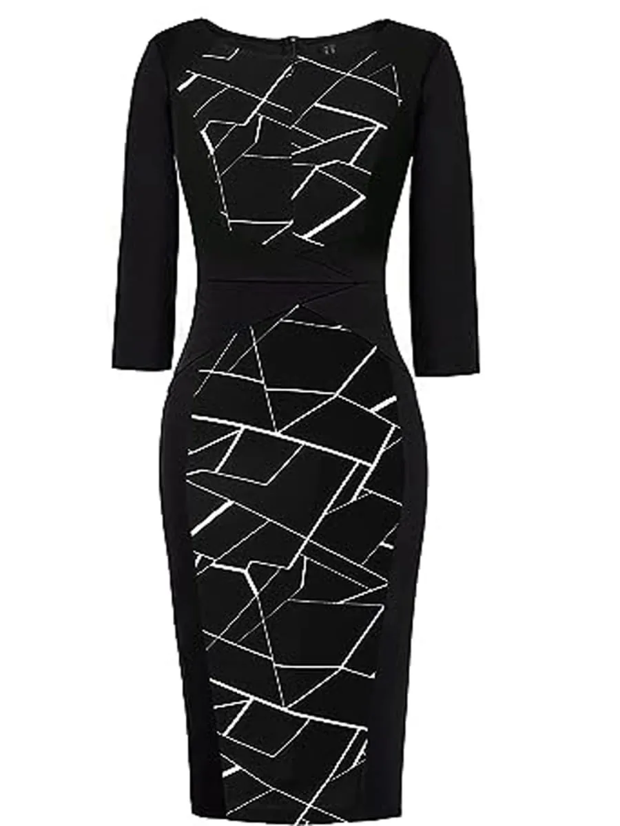 Women Elegant Business V Notch Neck 3/4 Sleeve Autumn Office Work Knee Length Bodycon Dress Geometric Print Patchwork Slim Fit — image 5