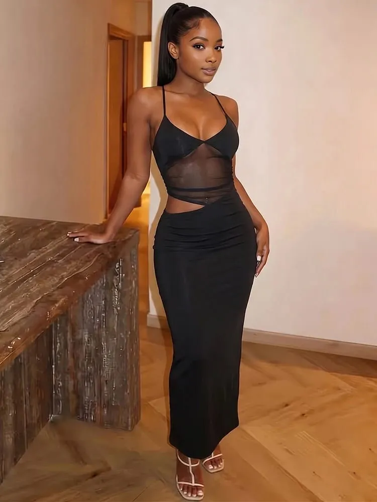 Nibber Mesh Patchwork Dress Women Sexy Backless Hollow Sleeveless 2025 Summer Trend Skinny Stretch Elegant Clubwear Maxi Bodycon — image 1