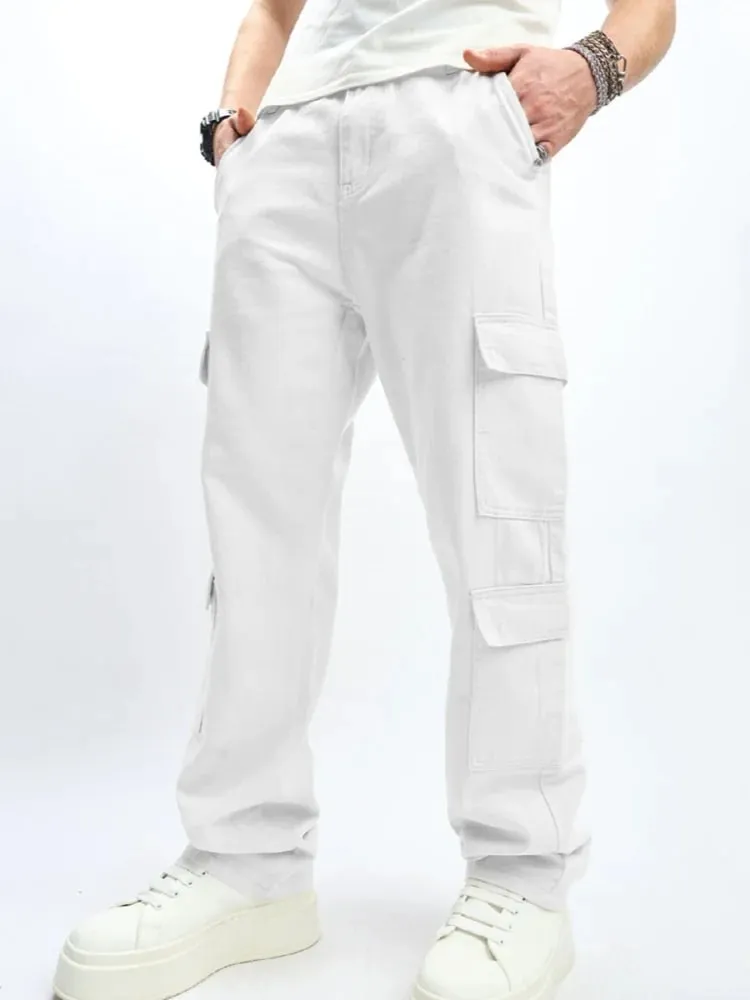 Mens Multiple Pockets Cargo Loose Jeans Streetwear Straight Casual Outdoor Trousers Male Clothing Fashion Denim Pants White