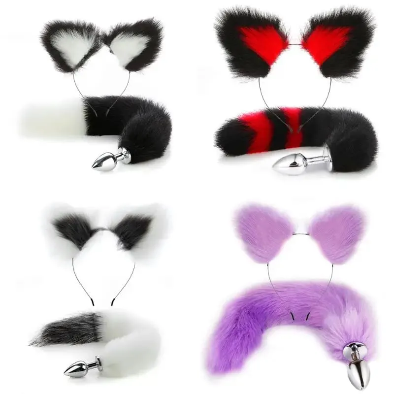 40cm Fox Tail anální kolík plyšové kočičí uši Čelenky Set anální kolík do ocasu Erotické Cosplay Sexuální hračky Ženy Anální masturbace