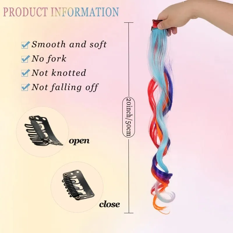 2 PCS Colorful Hair Extensions Curly Synthetic Hair Patches Rainbow Neon Party Highlights Suitable for Girls