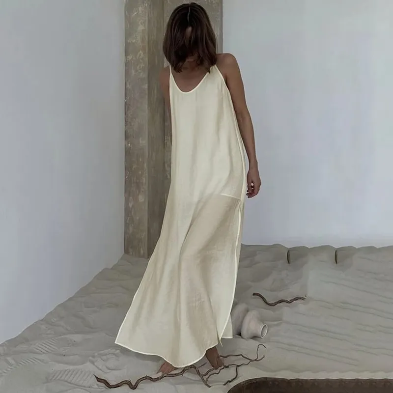 Linad Summer Casual White Long Dress Sexy Loose Backless Split Dresses Woman Street Chic V Neck Straight Dress For Women 2025 — image 9
