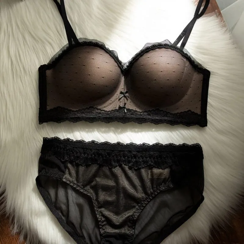 Sexy Mesh Wire Free Underwear Set Women Lace Dot 1/2 Palm Cup Push Up Bra Summer Detachable Strap Lingerie and Panties Sets