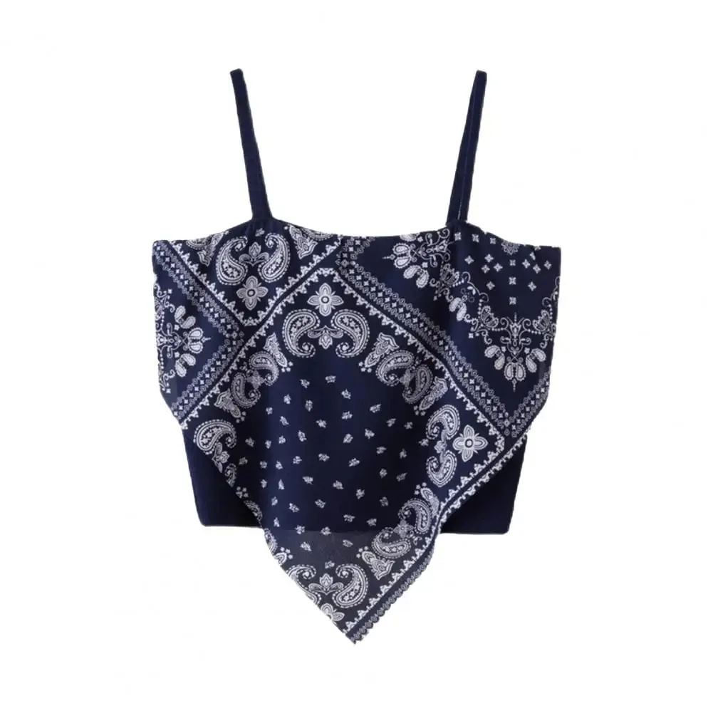 Summer Sling Vest Square Collar Sleeveless Retro Printing Camisole Slim Fit Tank Top Women Cami