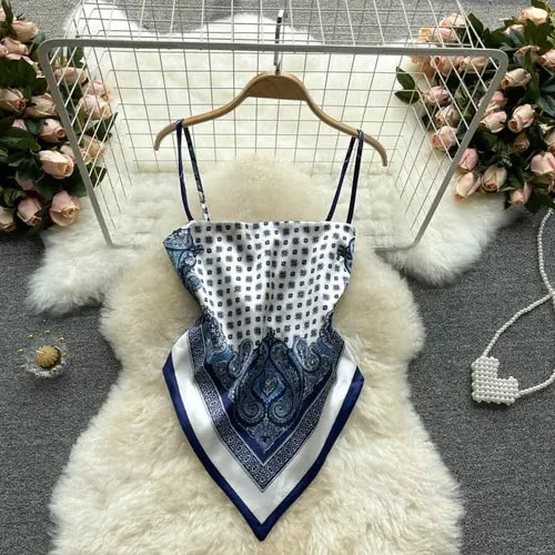 Women Sexy Backless asymmetrical lace-up Camis Print Tank Top Chic One-piece Corset Bustier Summer Beach vacation Crop Top — image 29