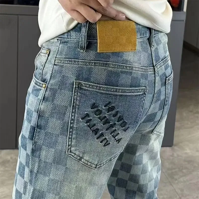 Spring Summer Checkered Jeans From Trendy Brand Versatile Men's Straight-leg high-end loose Casual Straight Stretch Pants — image 3