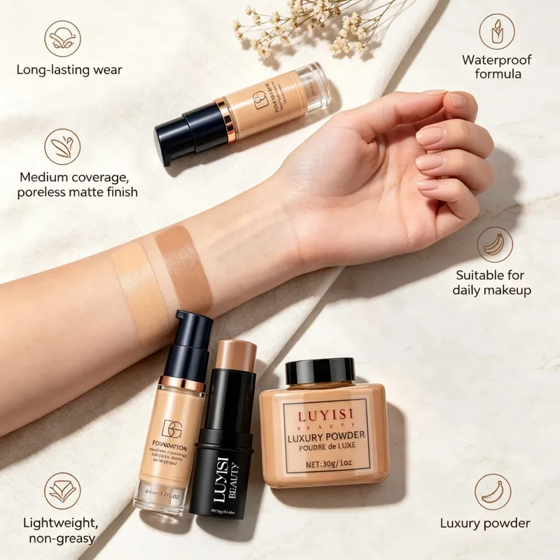 Facial Makeup Set:1PC Foundation+1PC Contouring Stick+1PC Setting Powder Full Coverage Waterproof And Sweatproof Soft Cosmetics. — image 6