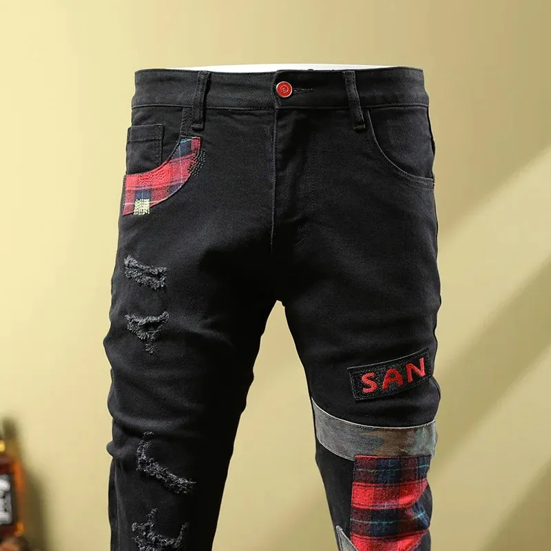 Men's Ripped Jeans with Patchwork Design Slim Fit Skinny Spring Trendy Street Motorcycle Style Black Long Pants — image 3