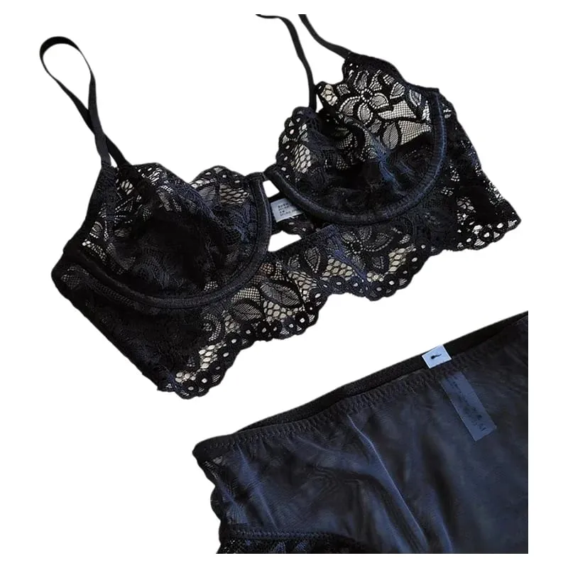 Sexy Bra and Panty Sets Summer Spring See Through Sheer Mesh Solid Hot Thin Embroidered Two Piece Underwire Lingerie Set