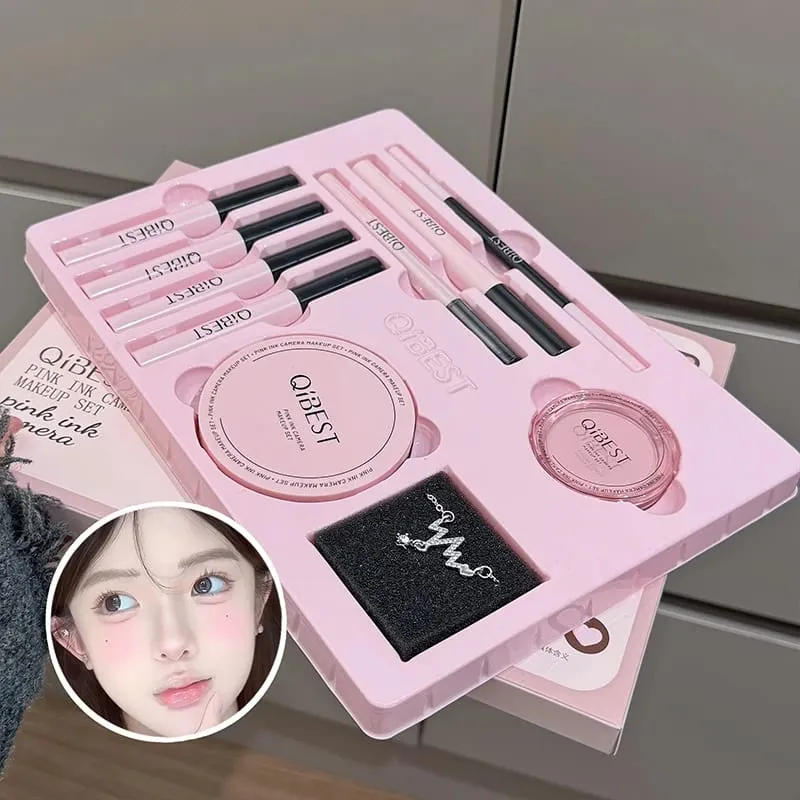 Multipurpose Makeup Set Include 4PC Lip Mud 1 Pressed Powder 1 Blush 1 Eyeliner 1 Eyelash Tool 1 Eyebrow Pencil Cosmetics — image 1