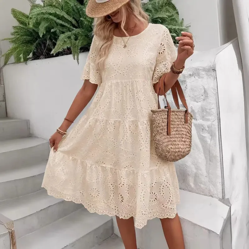 Dámské bílé šaty s očkem výšivka Midi šaty vyhloubené Boho splývavé volánkové šaty s krátkým rukávem letní plážové šaty