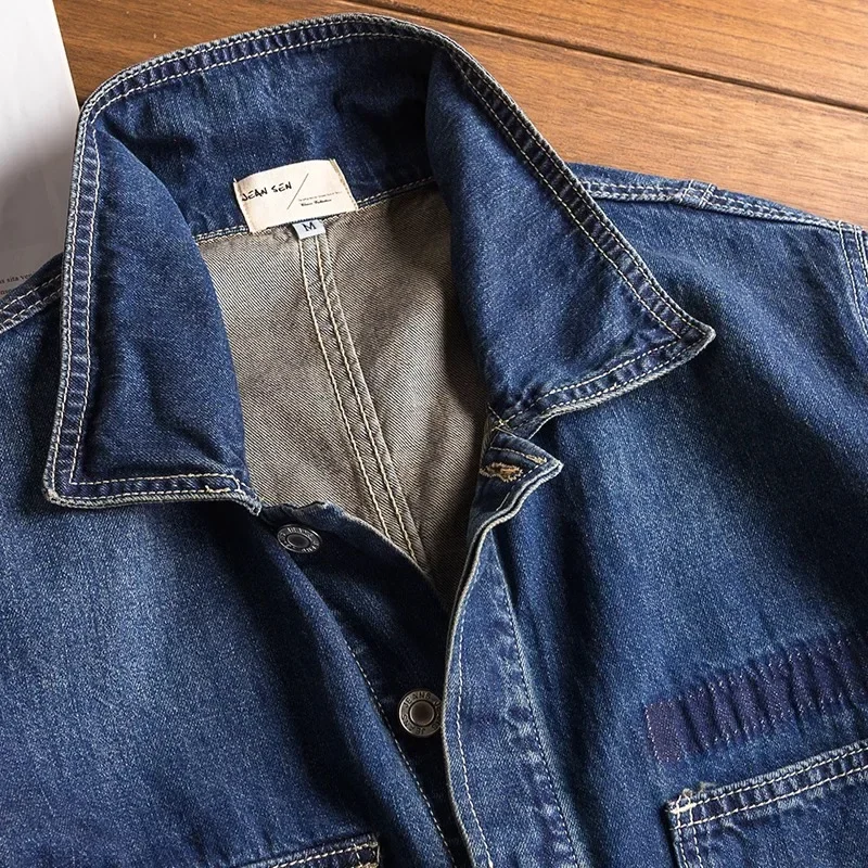 Denim Jumpsuits Loose Pockets Long Sleeve Overalls Lapel Collar Pockets Cargo Jeans for Men — image 4
