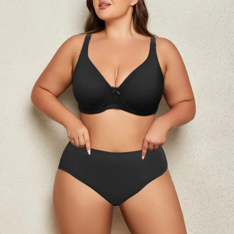 Women Plus Size Plain Lingerie Set Ultra Thin Breathable Bra with Wire Middle Waist Comfort Panties 85C-110D — image 3